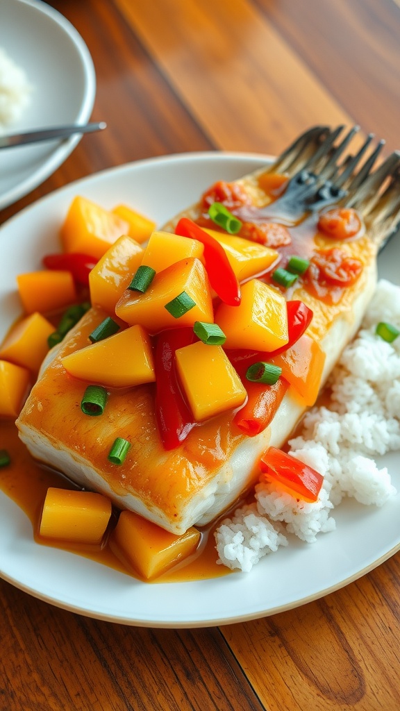 Plate of sweet and sour sea bass topped with pineapple and bell peppers, served with rice.